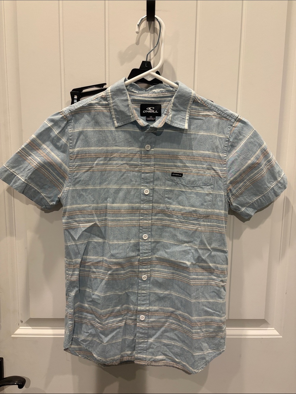 O'Neill Light Blue Button-Down Short Sleeve Striped Shirt